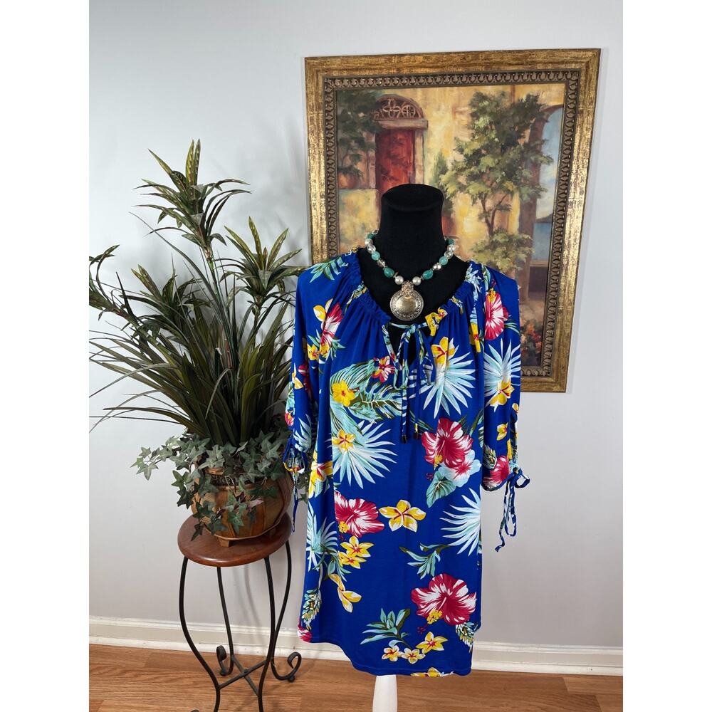 Lildy Hawaiian Floral Print Tunic Top Women's Large‎ Boho Resortwear Vacation